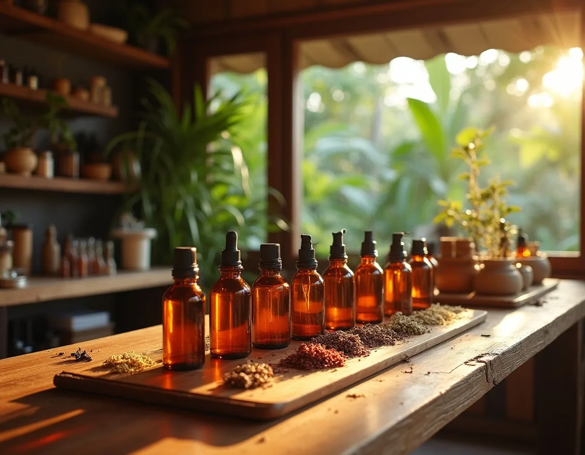 Workbench with amber glass bottles, plant oils and botanicals in the Bali workshop