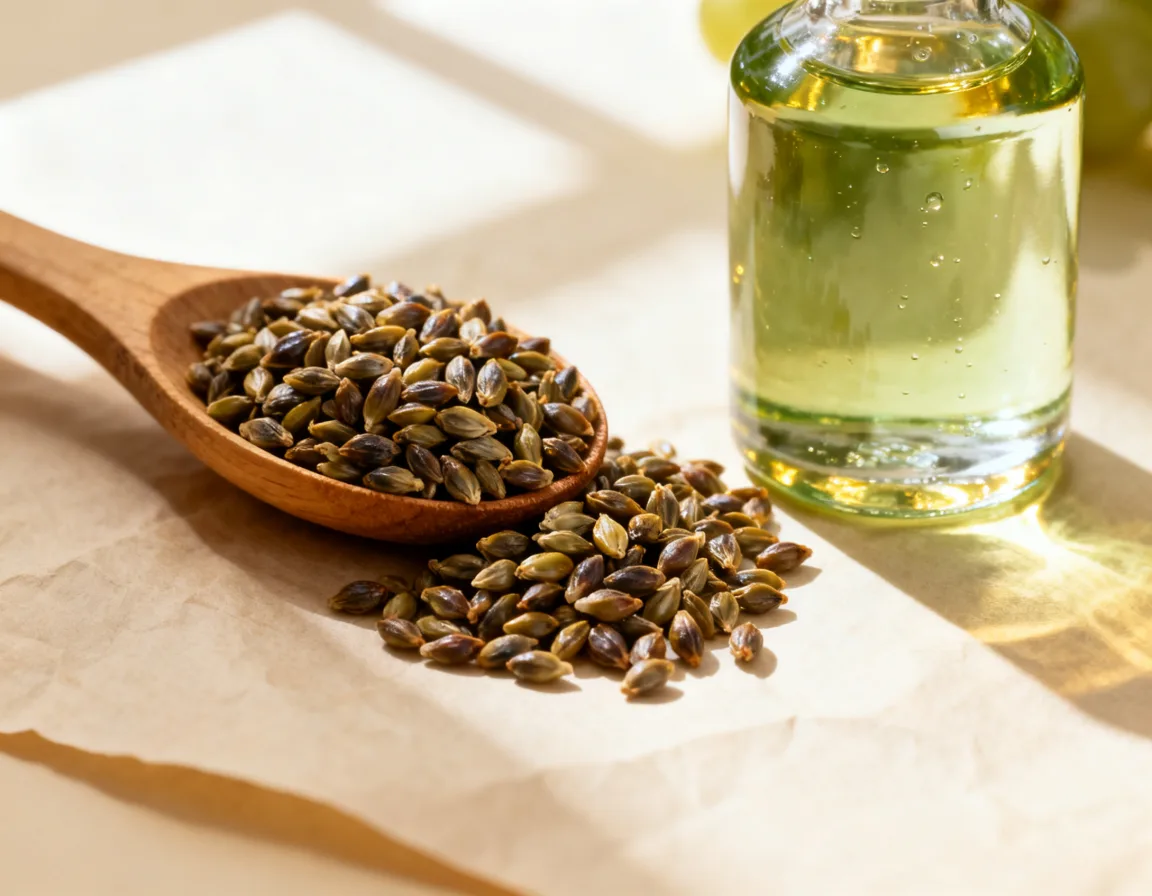 Grape seeds and a glass bottle of cold-pressed grapeseed oil