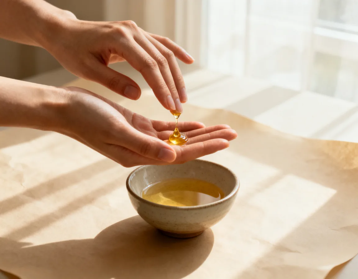 Hands warming drops of oil above a ceramic bowl