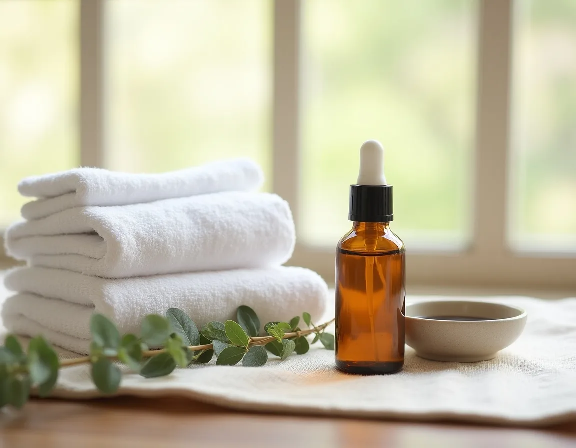 Neutral flat lay with cotton towel, cleanser and body oil