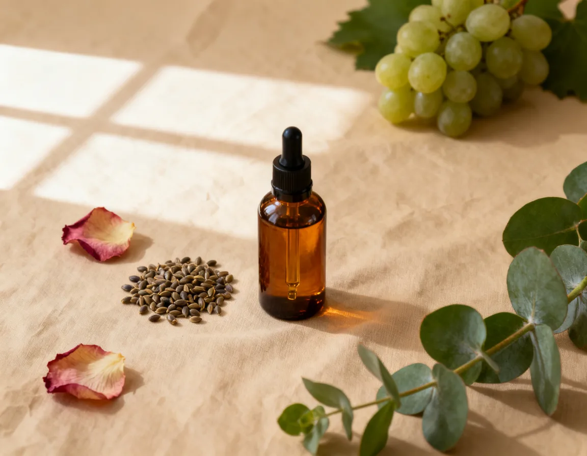 A dropper bottle of yoni oil beside botanical ingredients