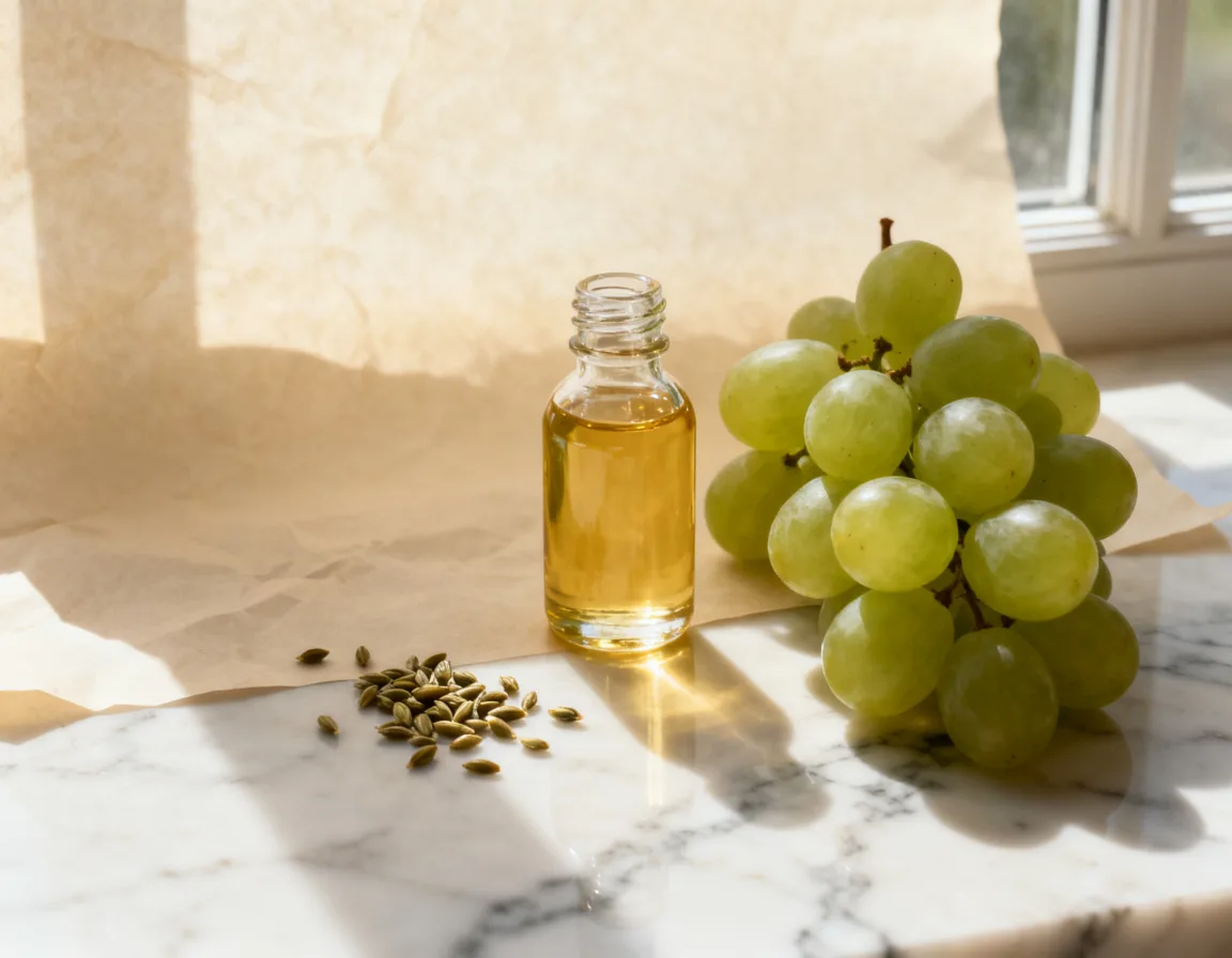 Grapeseed oil and fresh grapes on a neutral background