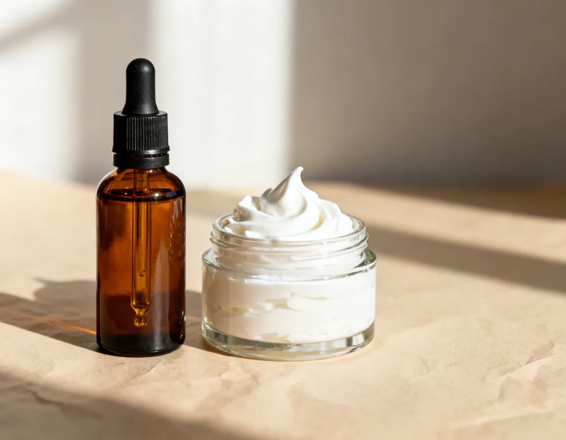 Yoni Oil dropper bottle beside an open jar of whipped Yoni Butter