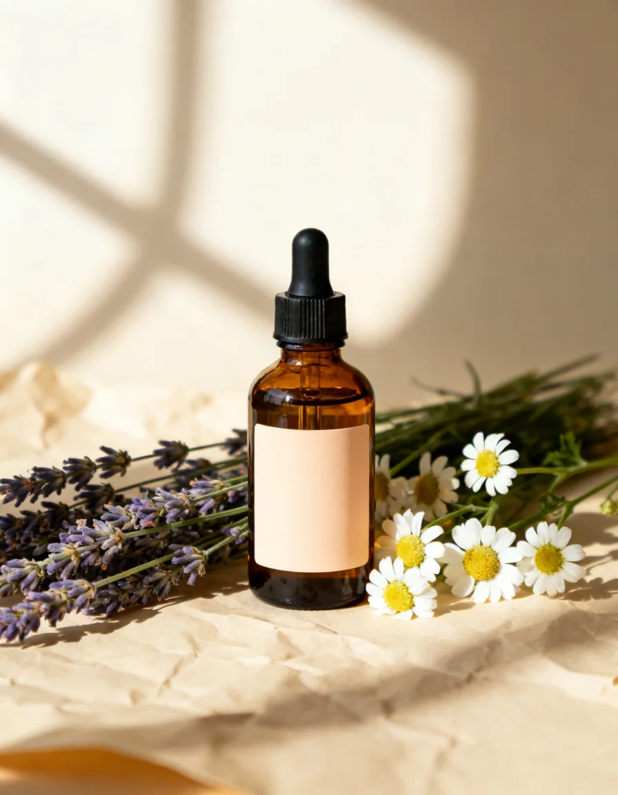 Lavender and Chamomile Yoni Oil bottle with lavender sprigs