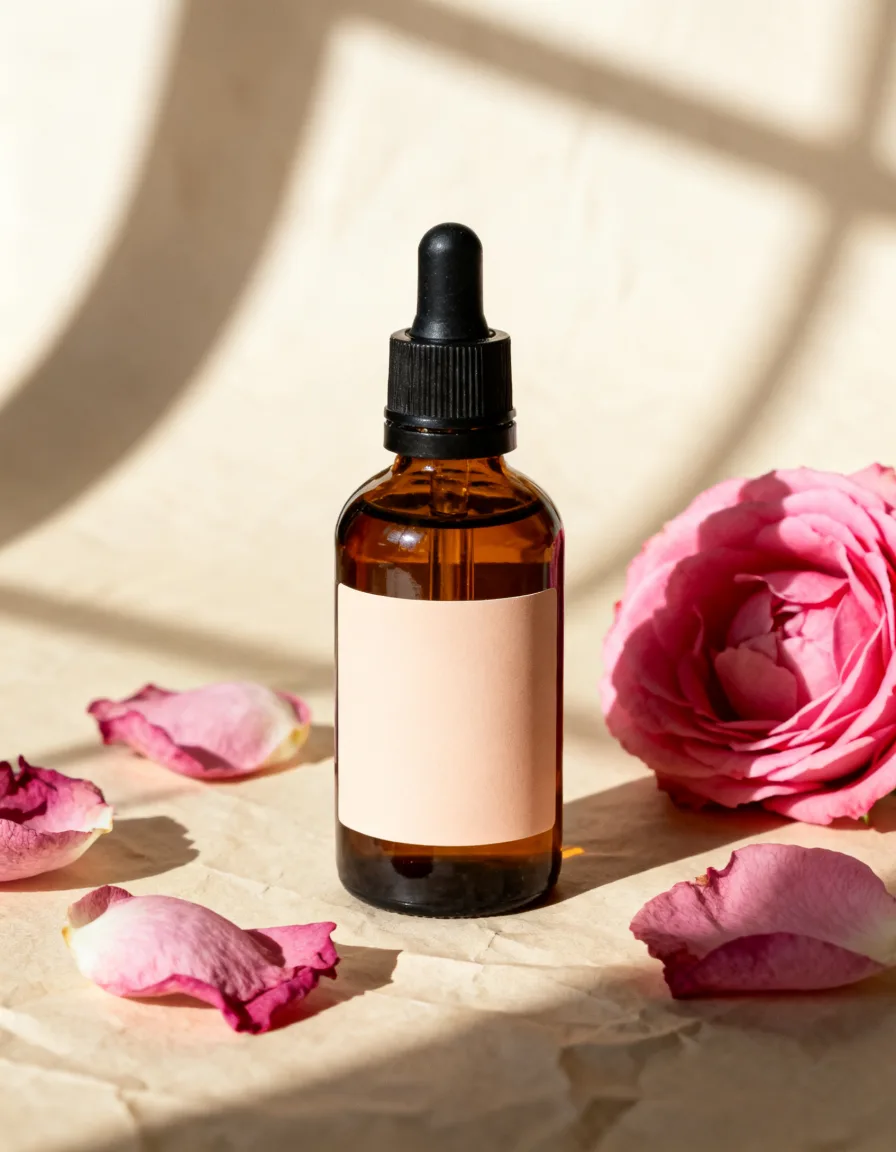 Rose Yoni Oil bottle with damask rose petals