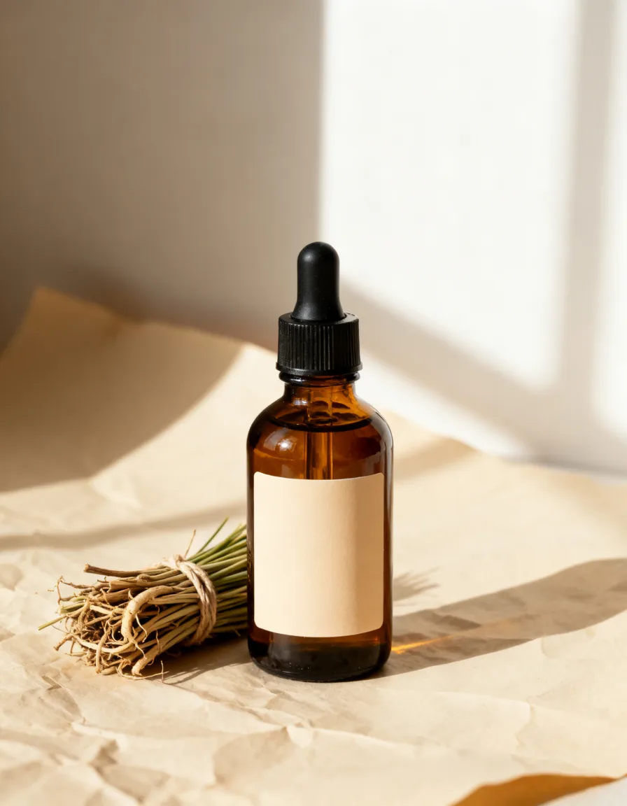 Vetiver Yoni Oil bottle with vetiver roots