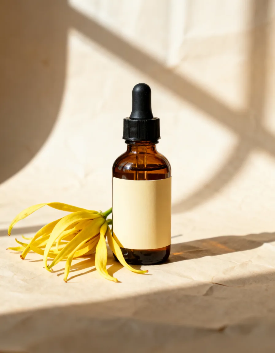 Ylang-Ylang and Jasmine Yoni Oil bottle with ylang-ylang flowers